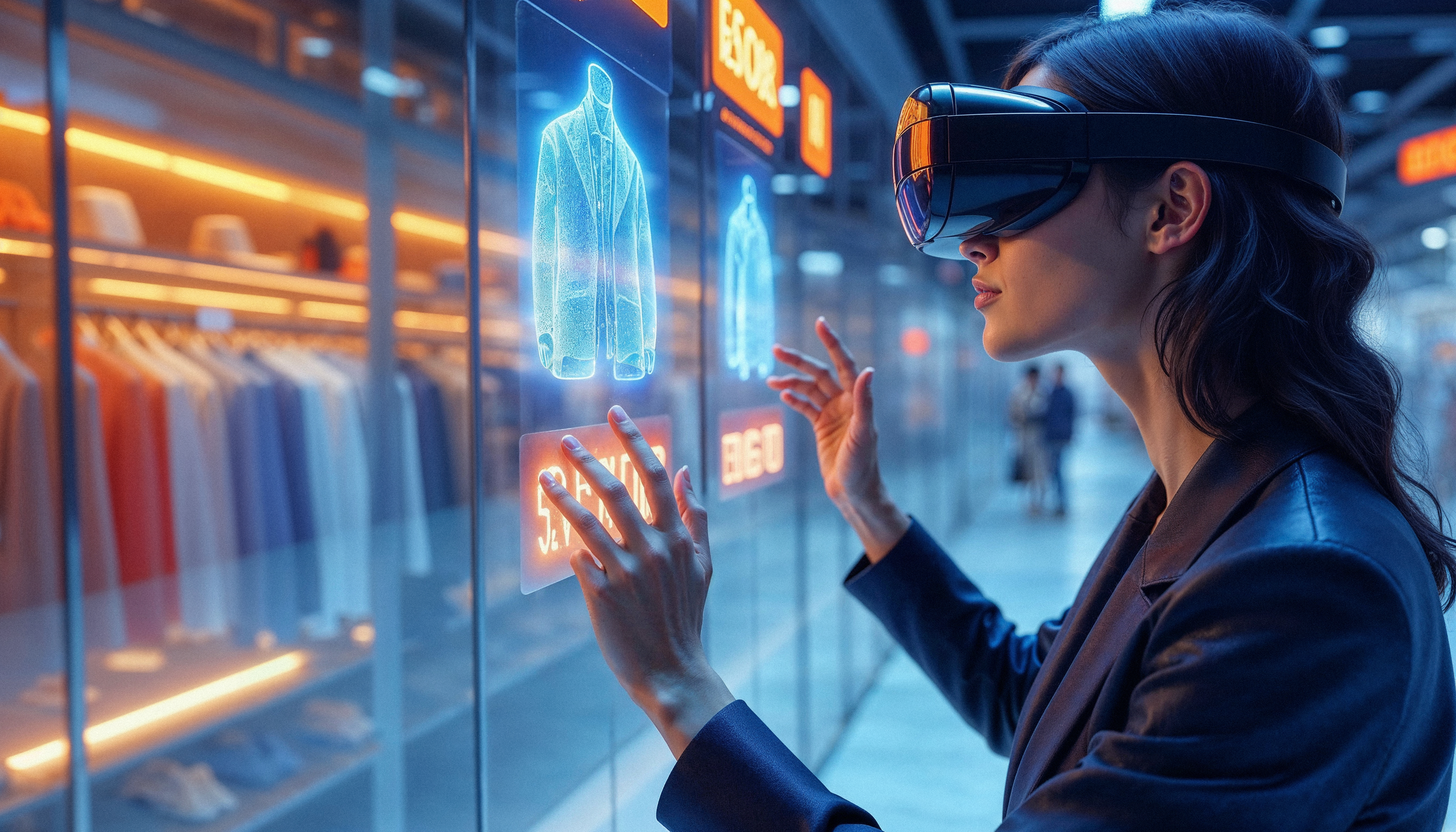 Une cliente dans un magasin avec un casque de réalité augmentée