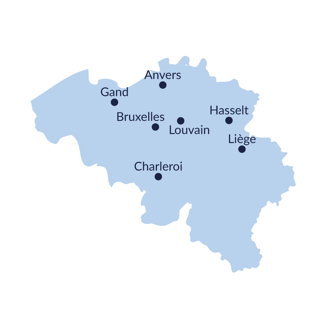 Nos implantations en Belgique : Anvers, Bruxelles, Charleroi, Gand, Hasselt, Liège et Louvain