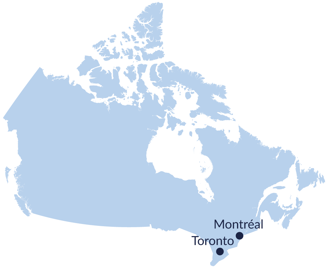 Carte du Canada situant les agences de Montréal et Toronto