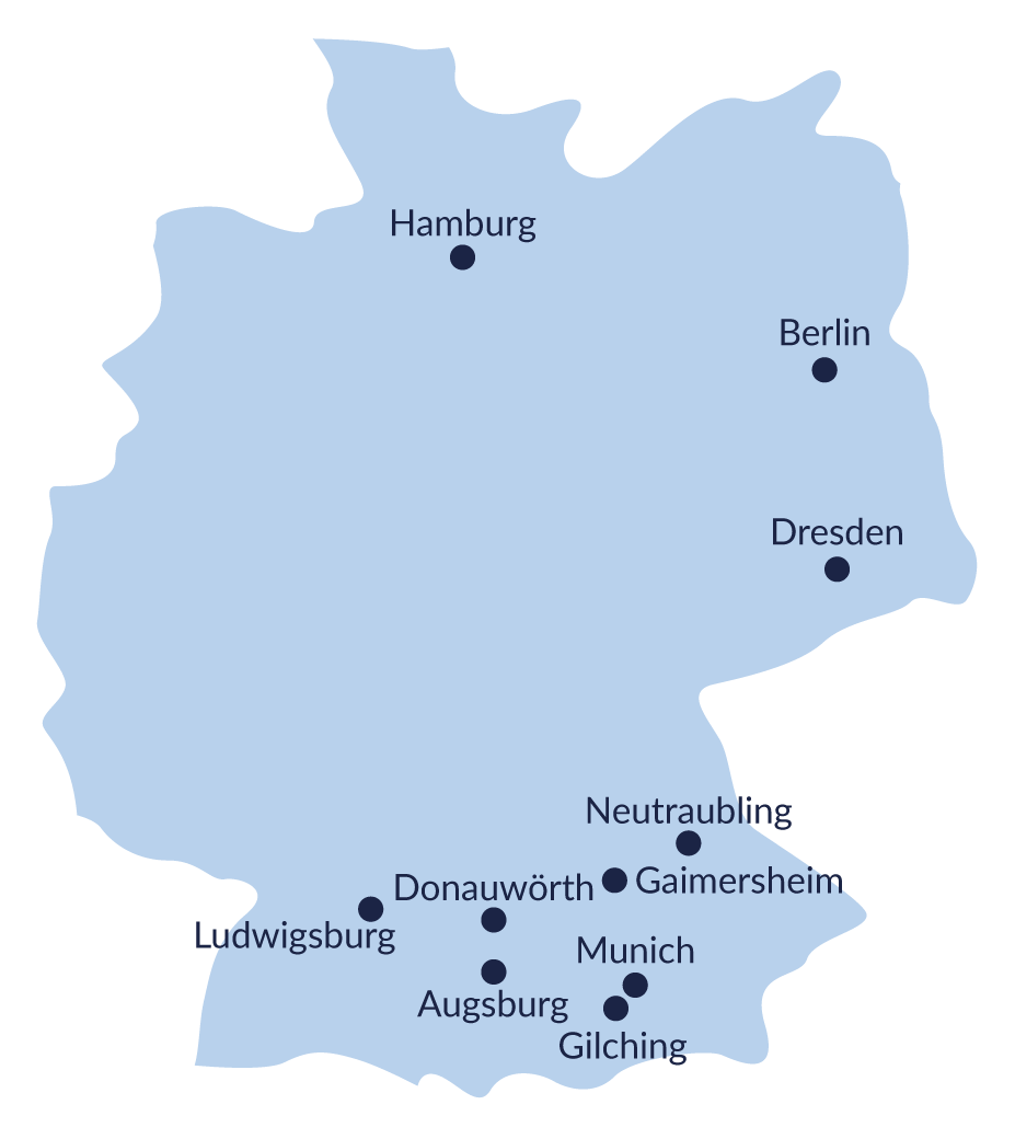 Hamburg, Berlin, Dresden, Neutraubling, Gaimersheim, Donauwörth, Ludwigsburg, Munich, Augsburg, Gilching