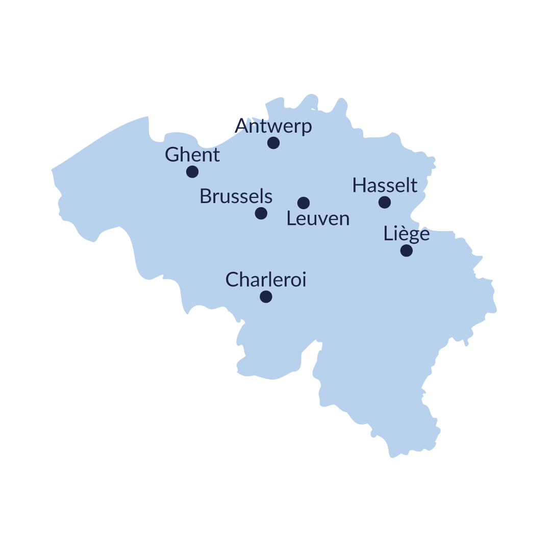 Brussels, Ghent, Antwerp, Liège, Charleroi, Leuven, Hasselt
