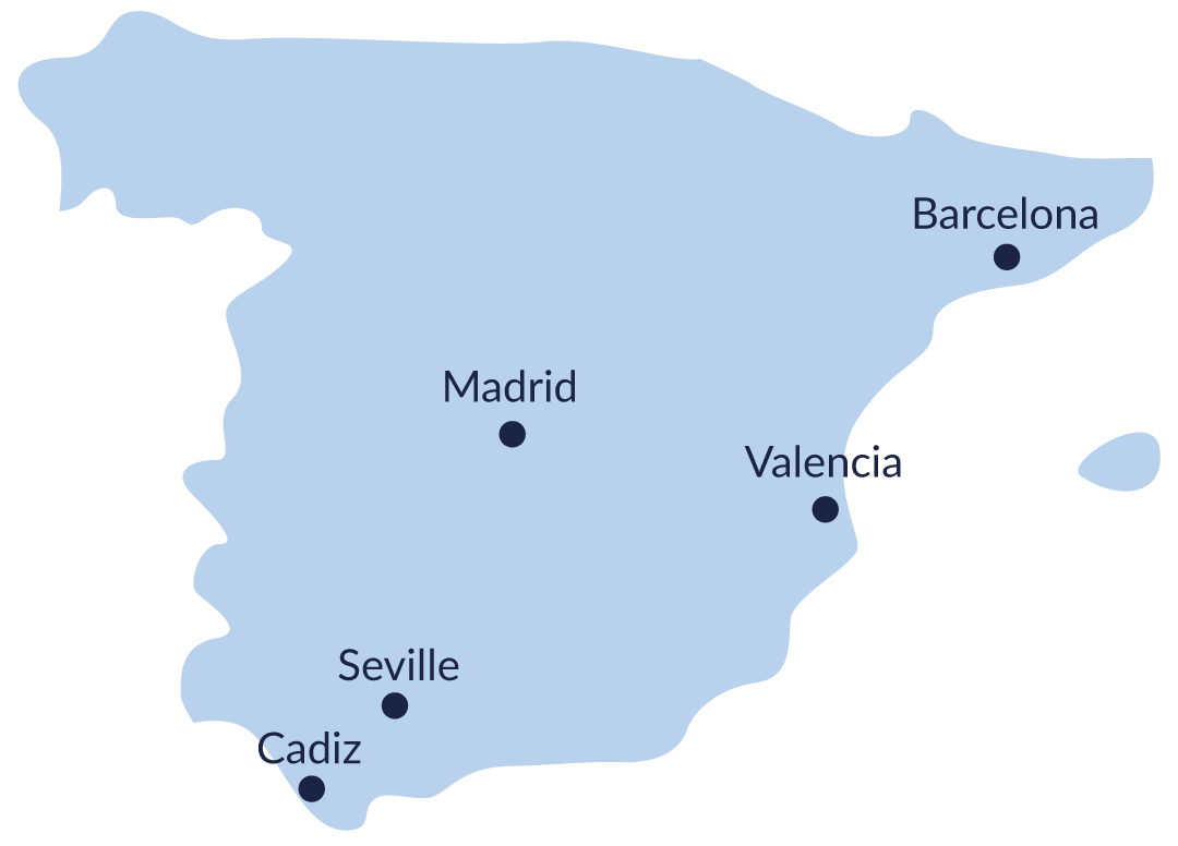 Madrid, Valencia, Barcelona, Seville and Cadiz