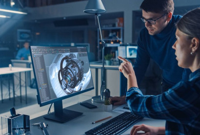Deux jeunes ingénieurs sur un ordinateur travaillant sur un projet technique innovant 