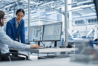 Two employees working on 3D modelling in front of a screen